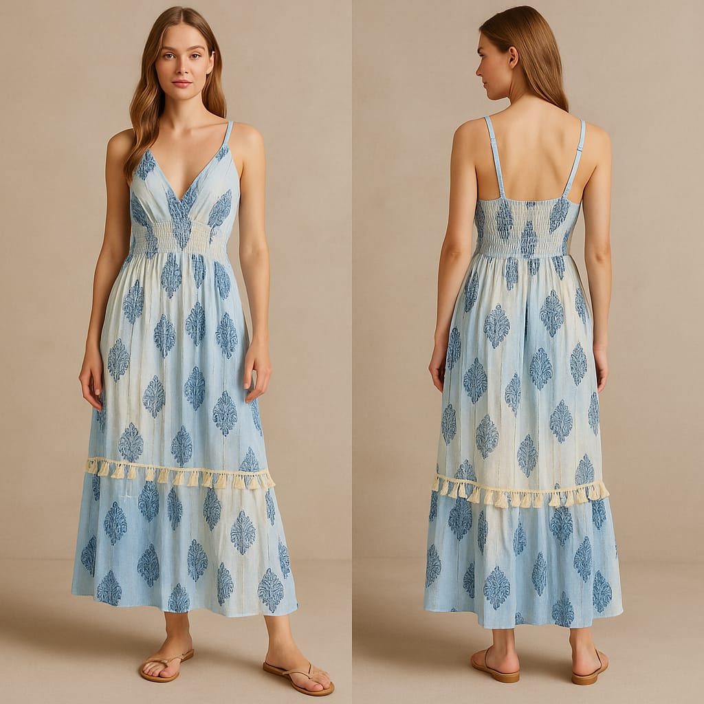 Lurex_1363 (Sleeveless smoked long dress in viscose rayon 5 piece of set)